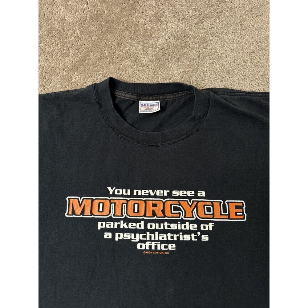 Vintage Mens Tshirt All Sports Black and orange "You Never‎ See a Motorcycle" XL